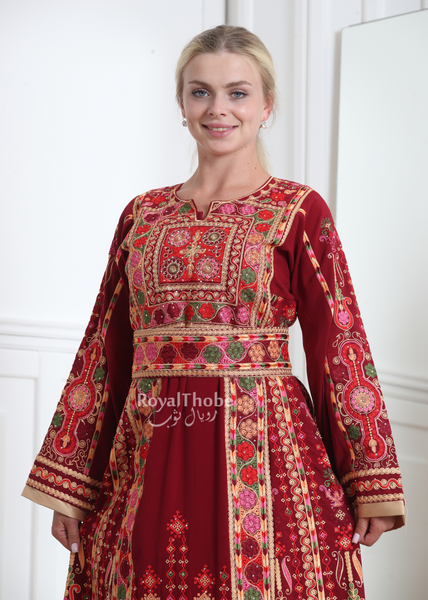 Burgundy Malak Kasab Full Embroidered Thobe With Reversible Beige Suede Belt