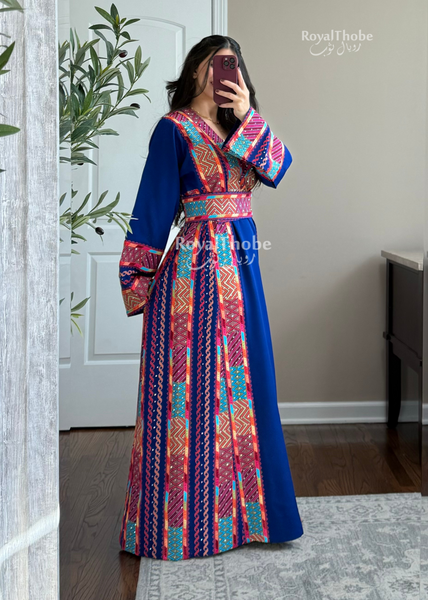 Royal Blue Modern Square Neck Long Full Embroidered Thobe