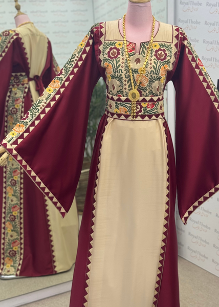 Beige / Burgundy Floral Satin Long Full Embroidered Thobe