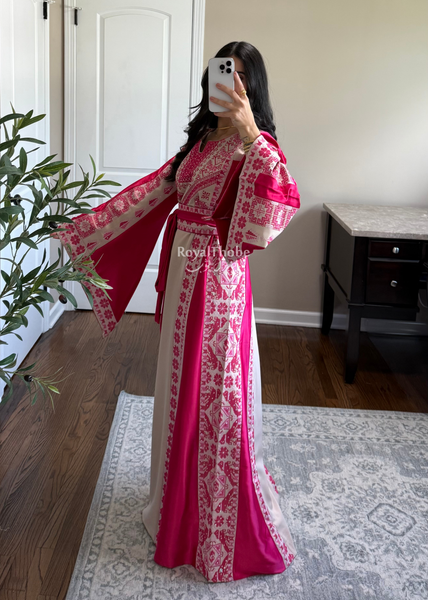 Beige/Pink Floral Long Full Embroidered Thobe