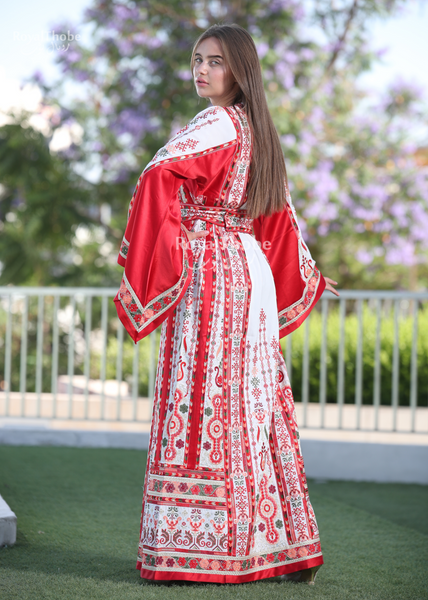 White/Red Flower Maleka Full Embroidered Thobe With Red Satin Reversible Belt