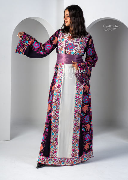 White/Purple Wardeh Long Full Embroidered Thobe