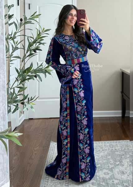 Velvet Royal Blue Floral Long Fully Embroidered Thobe