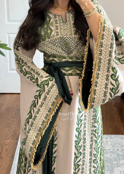 Beige/ Olive Green Zaytona Branches Full Embroidered Thobe With Fringe Sleeves