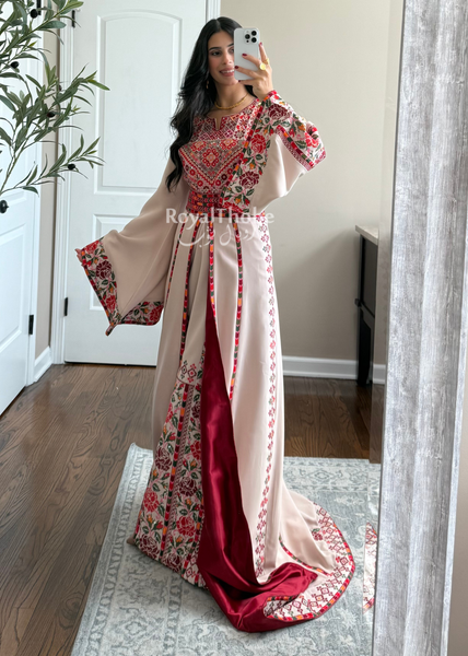 Bridal Beige/Burgundy Warda Full Embroidered Thobe