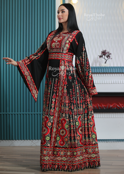 Black/Red Flower Maleka Long Full Embroidered Thobe