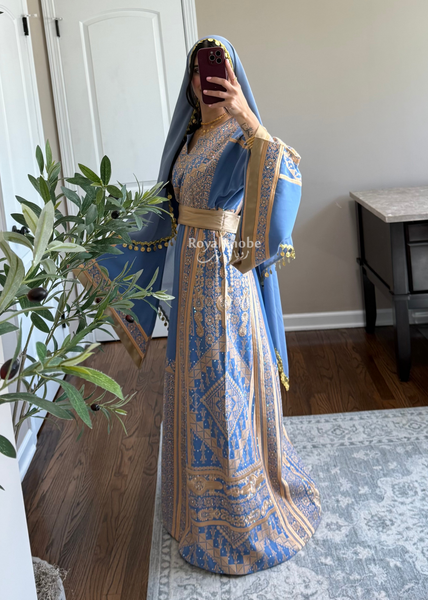 Blue /Gold Flower Malekah Full Embroidered Thobe