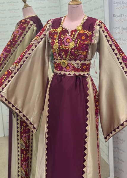 Burgundy/Beige Floral Satin Long Full Embroidered Thobe