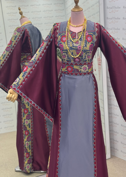 Gray/Burgundy Simple Floral Satin Long Full Embroidered Thobe/Dress