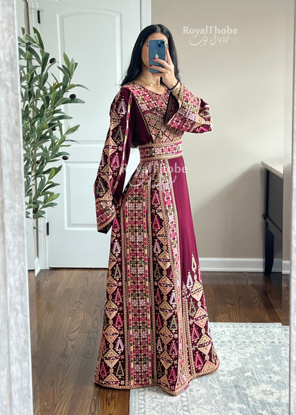 Burgundy Triangle Dimond Full Embroidered Thobe