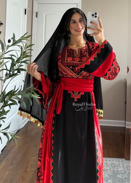 Black/Red Classic Simple Satin Long Full Embroidered Thobe