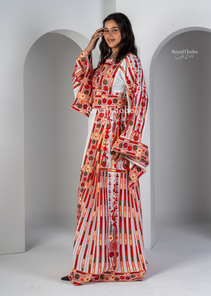 White/Red Flare Flower Maleka Long Full Embroidered Thobe