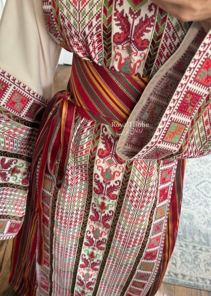Beige/ Cream Saya Vintage Straight Cut Full Embroidered Thobe
