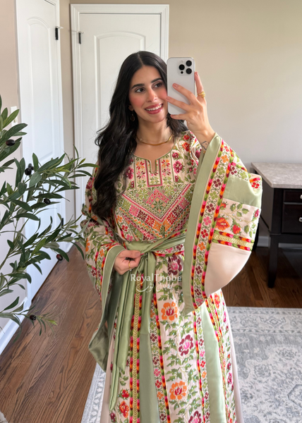Beige/Sage Floral Long Full Embroidered Thobe