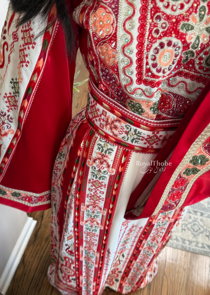 White/ Red Satin Maleka Kasab Full Embroidered Thobe