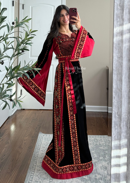 Velvet Black/Burgundy Simple Long Fully embroidered Thobe