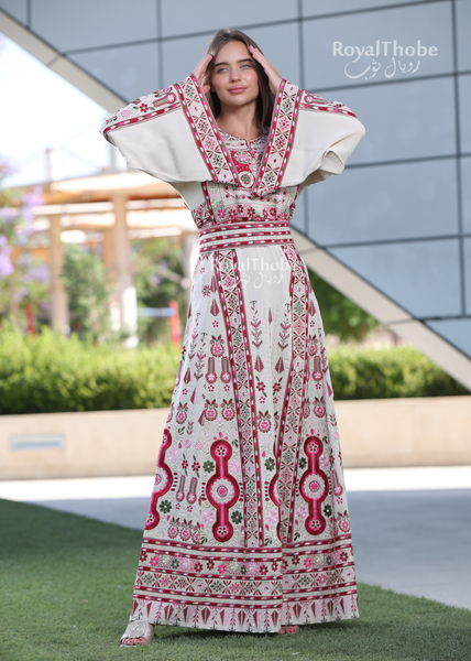 Beige/Burgundy Flower Maleka Long Full Embroidered Thobe