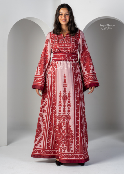 Pink Floral Maleka Long Full Embroidered Thobe.