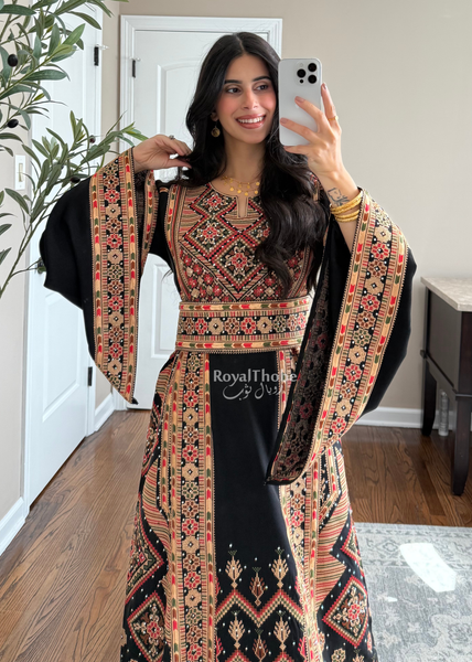 Black//Gold Dimond Long Full Embroidered Linen Fabric Thobe