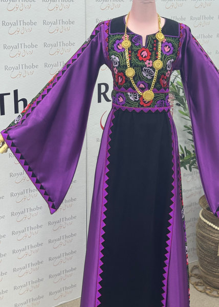 Black/ Purple Floral Satin Long Full Embroidered Thobe
