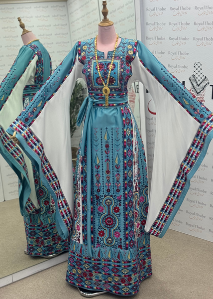 Baby Blue/White Maleka Long Full Embroidered Thobe
