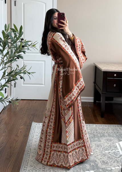Beige/Brown Triangle Full Embroidered Thobe