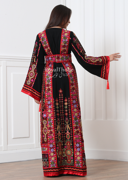 Black/Red Malak Kasab Full Embroidered Thobe With Reversible Red Satin Belt