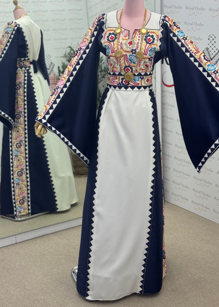White/ Navy Blue Floral Satin Long Full Embroidered Thobe