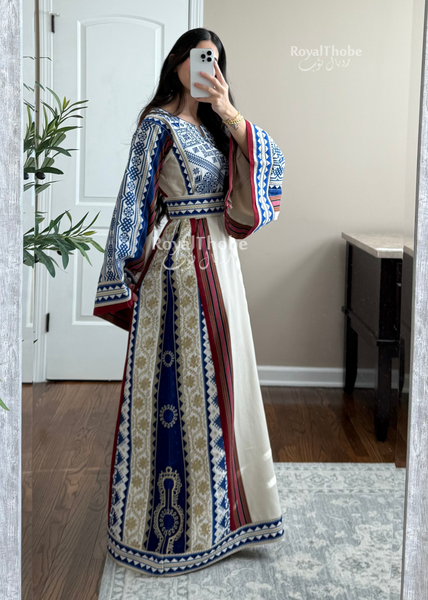 Cream/Royal Blue Maleka Majdlawe Long Full Embroidered Thobe