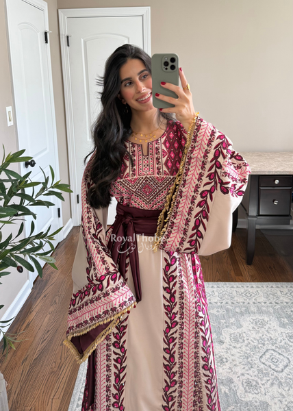 Beige/ Burgundy Zaytona Branches Full Embroidered Thobe
