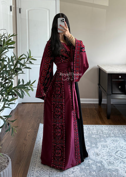 Black/Burgundy Long Full Embroidered Thobe