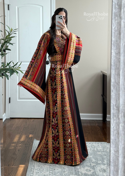 Black Majdlawe Long Full Embroidered Thobe