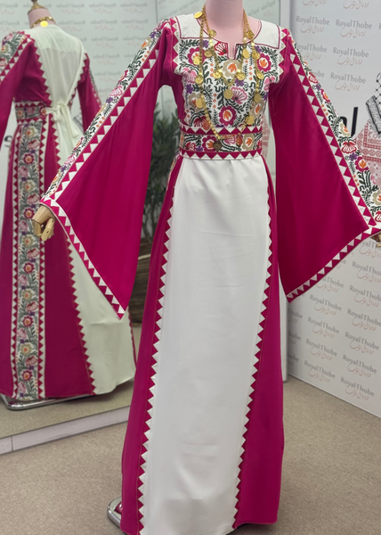 White/ Pink Floral Satin Long Full Embroidered Thobe