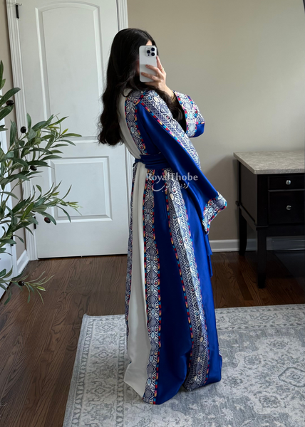 White/ Blue Satin Classic Full Embroidered Thobe