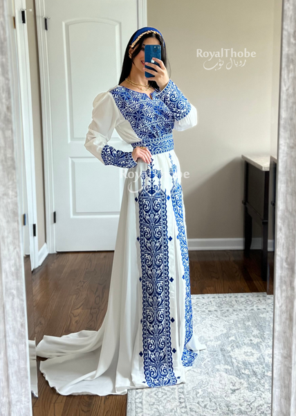White/Blue Modern Puff Shoulder Style Long Embroidered Dress