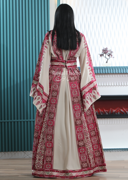 Beige/Burgundy Elegant Long Full Embroidered Thobe