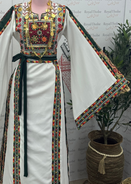 White /Olive Green Manajel Mini Flowers Long Full Embroidered Thobe