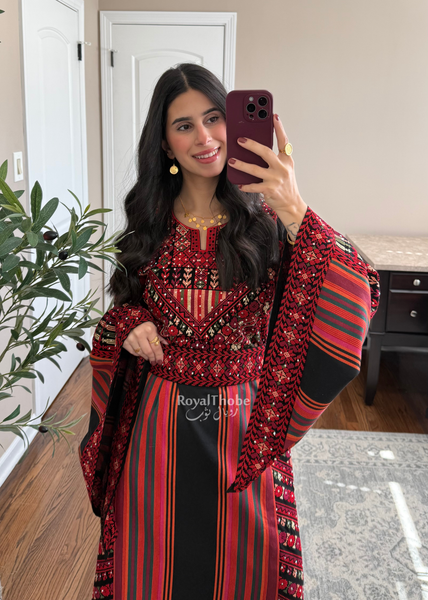 Black/Red Majdlawe Long Full Embroidered Thobe