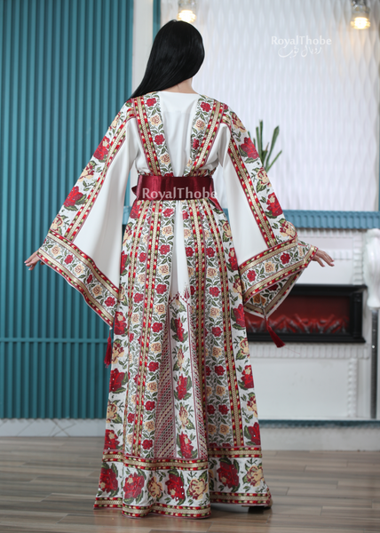 Bridal White Floral Modern Thobe With A Matching Embroidered Shaleh