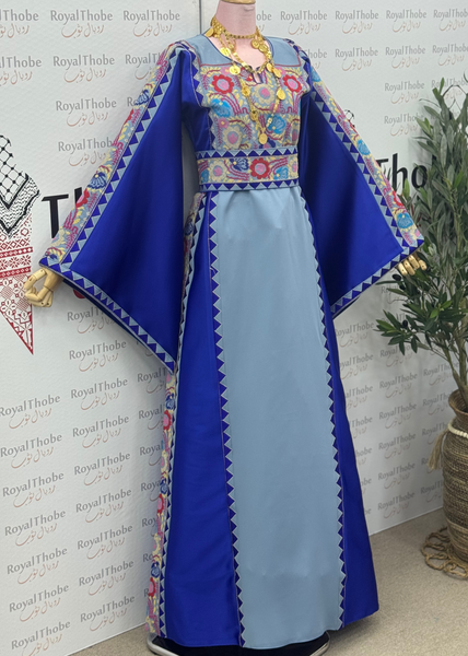 Light Blue/Royal Blue Floral Satin Long Full Embroidered Thobe