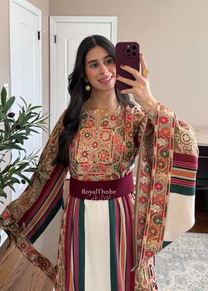 Cream Floral Majdlawe Maleka Long Full Embroidered Thobe