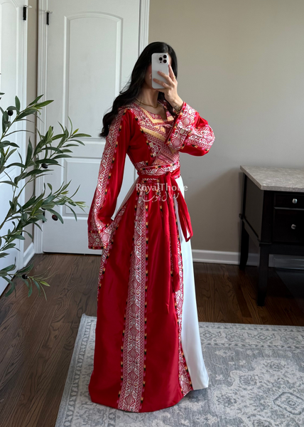 White/ Red Satin Classic Full Embroidered Thobe