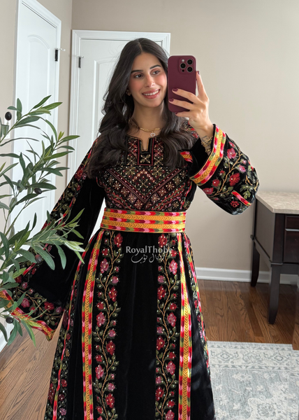 Velvet Black Floral Manajel Long Fully Embroidered Thobe
