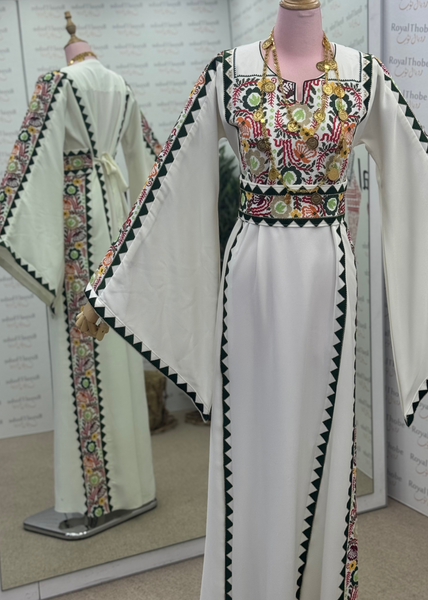 White/ Olive Green Simple Floral Long Embroidered Thobe