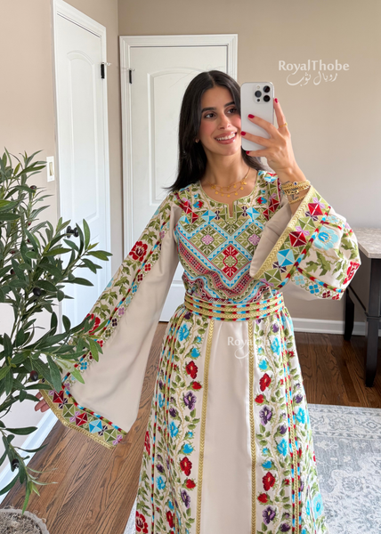 Beige/Cream Colorful Wardeh Kasab Long Full Embroidered Thobe