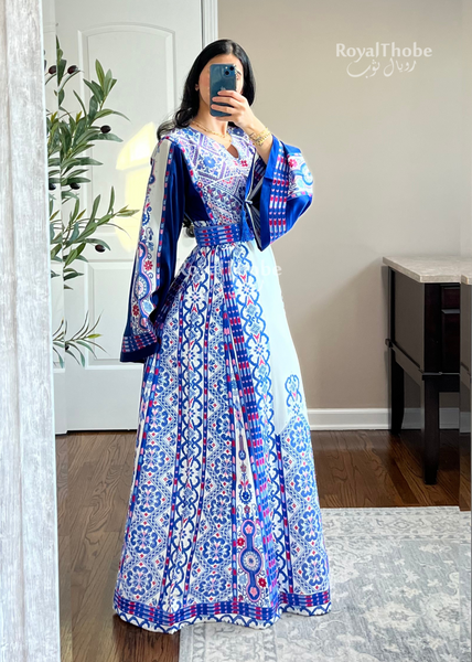 White/Blue Maleka A Cut Full Embroidered Thobe With Reversible Blue Satin Belt