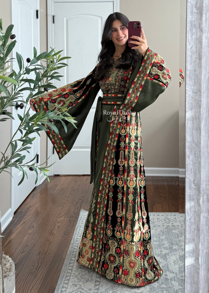 Olive Green Satin & Black Velvet Maleka Fully Embroidered Thobe