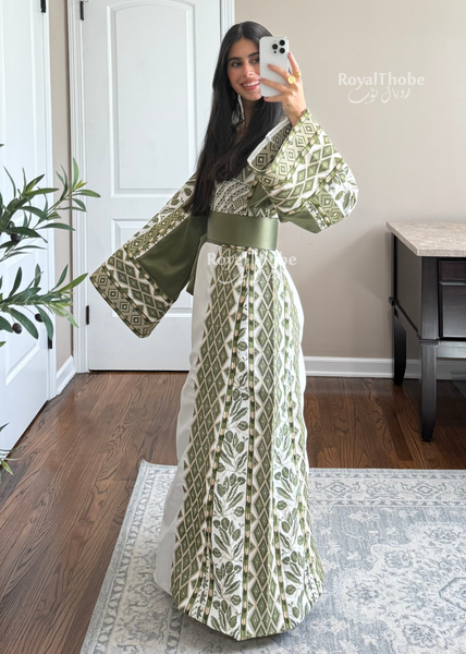 White/ Olive Green Zaytona Full Embroidered Thobe