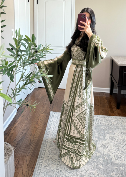 Beige/ Olive Green Malekah Full Embroidered Thobe
