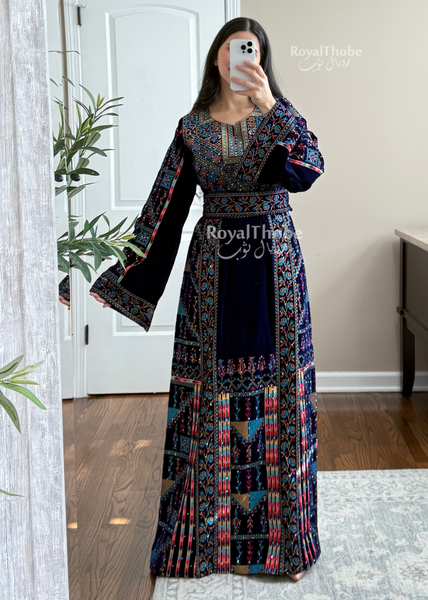 Velvet Royal Blue Straight Cut Long Full Embroidered Thobe